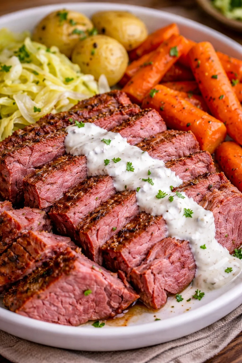 Crock pot filled with tender corned beef and cabbage ready to serve