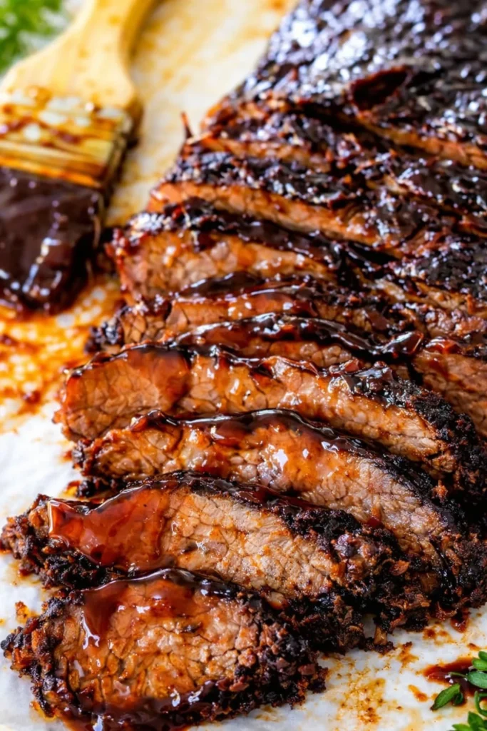Deliciously cooked corned beef brisket served on a wooden board.