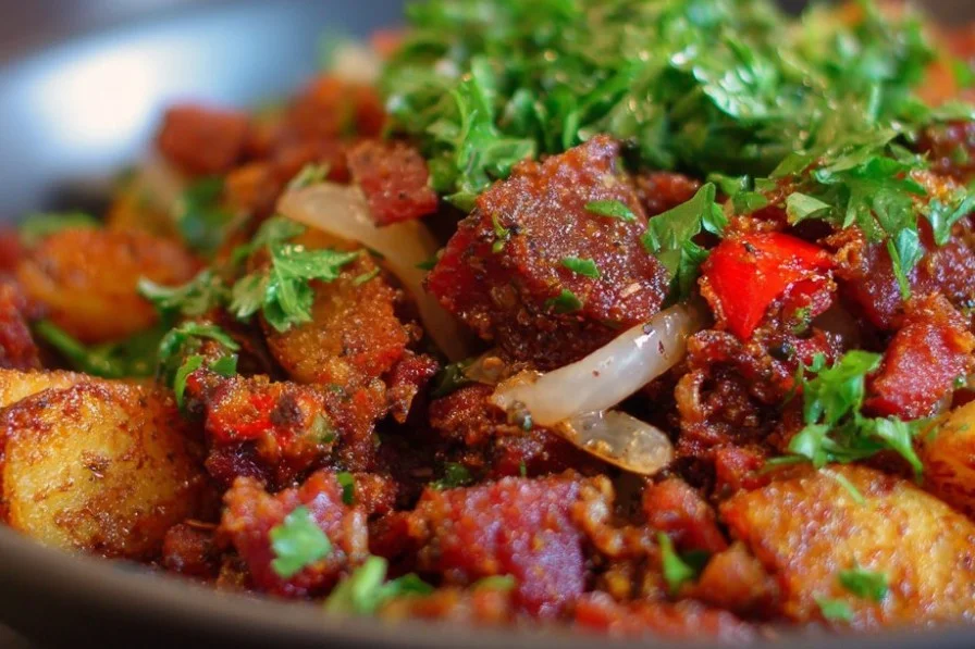 Delicious serving of homemade Corned Beef Hash with potatoes and herbs