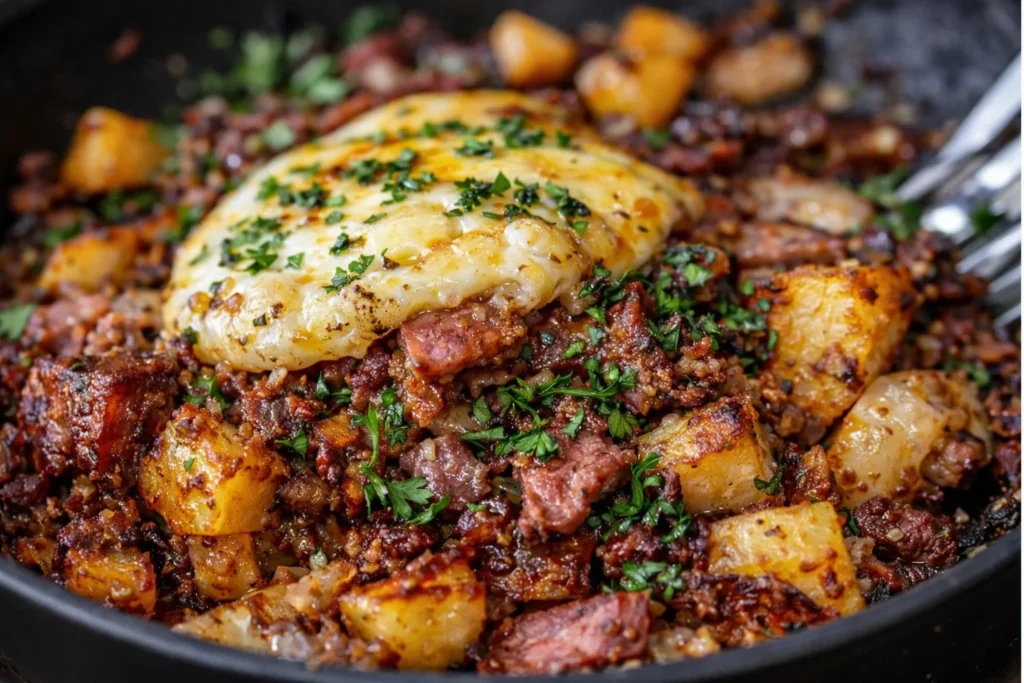 Delicious corned beef hash served in a skillet with potatoes and herbs