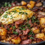 Delicious corned beef hash served in a skillet with potatoes and herbs