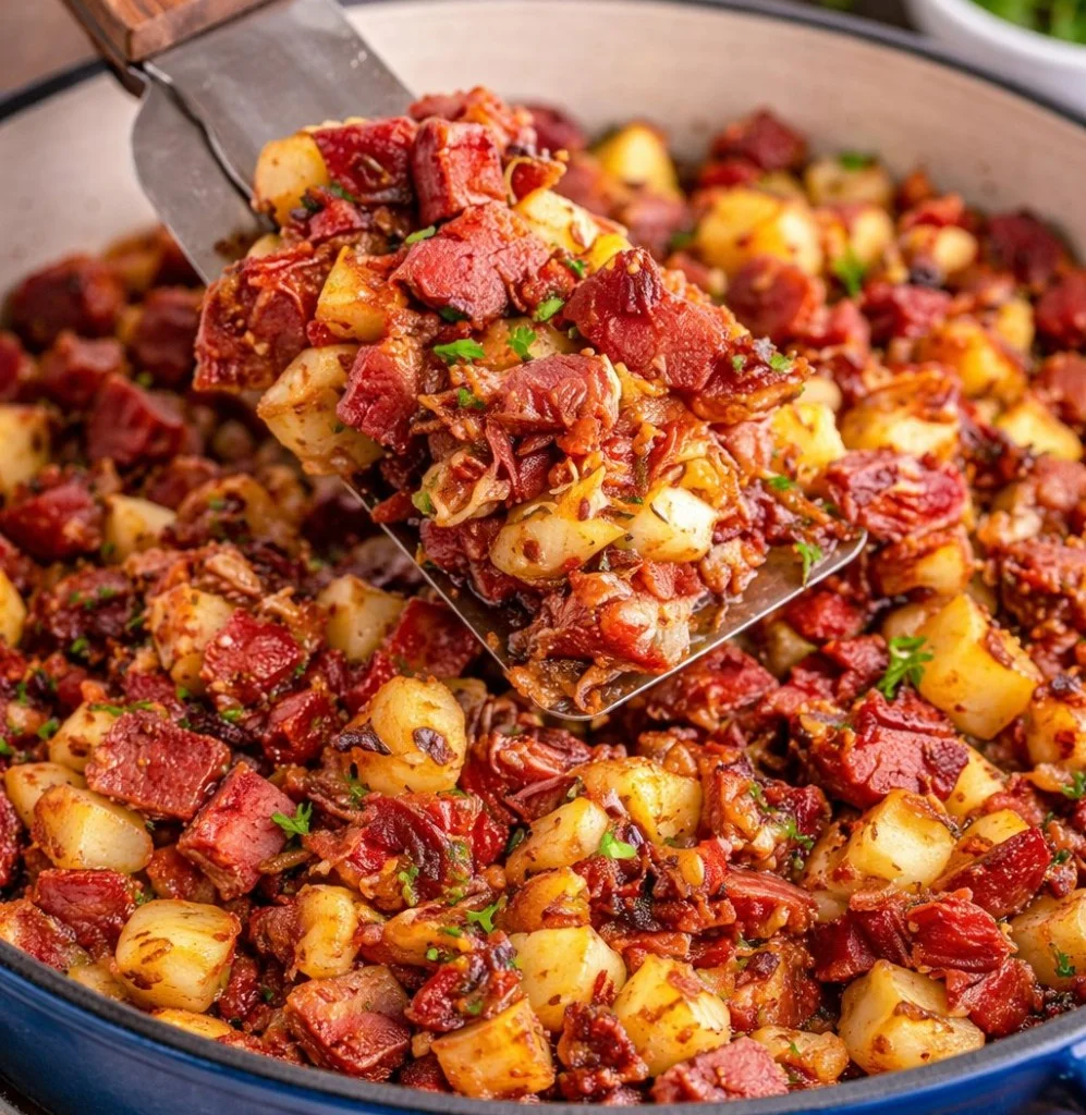 Delicious plate of corned beef hash garnished and ready to serve.