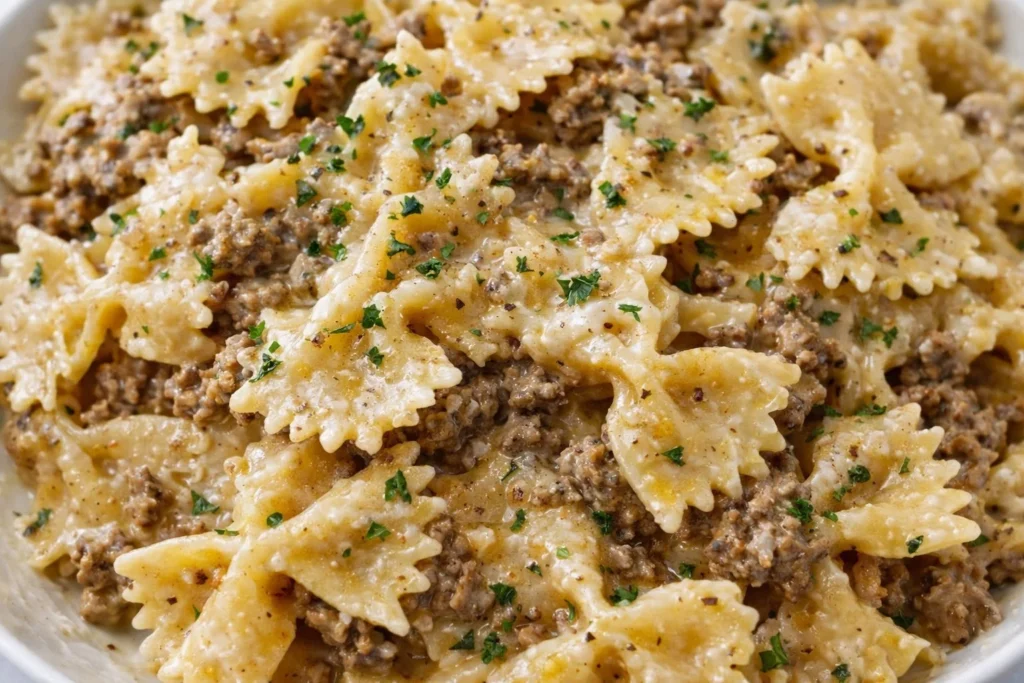 Creamy beef and bow tie pasta dish served in a bowl with garnishes