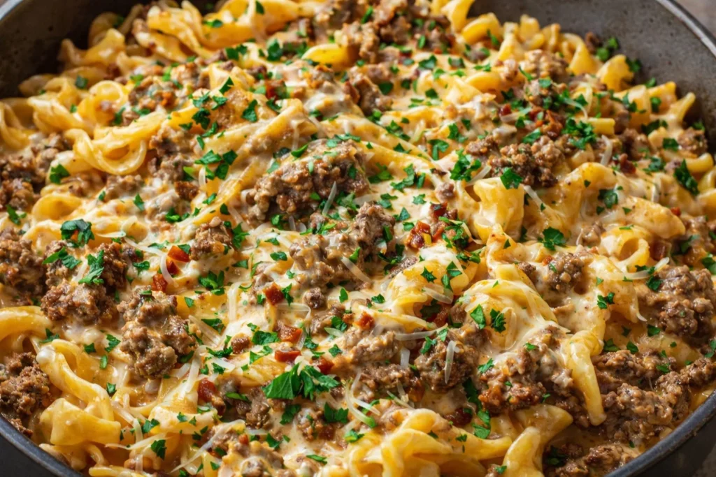Creamy beef pasta dish topped with herbs and cheese