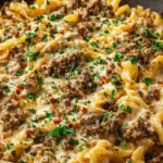 Creamy beef pasta dish topped with herbs and cheese