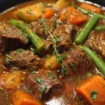 Delicious Crock Pot beef stew with vegetables and herbs in a bowl