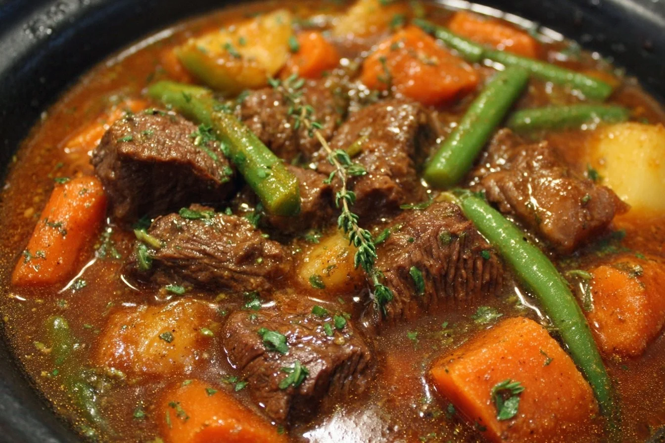 Delicious Crock Pot beef stew with vegetables and herbs in a bowl