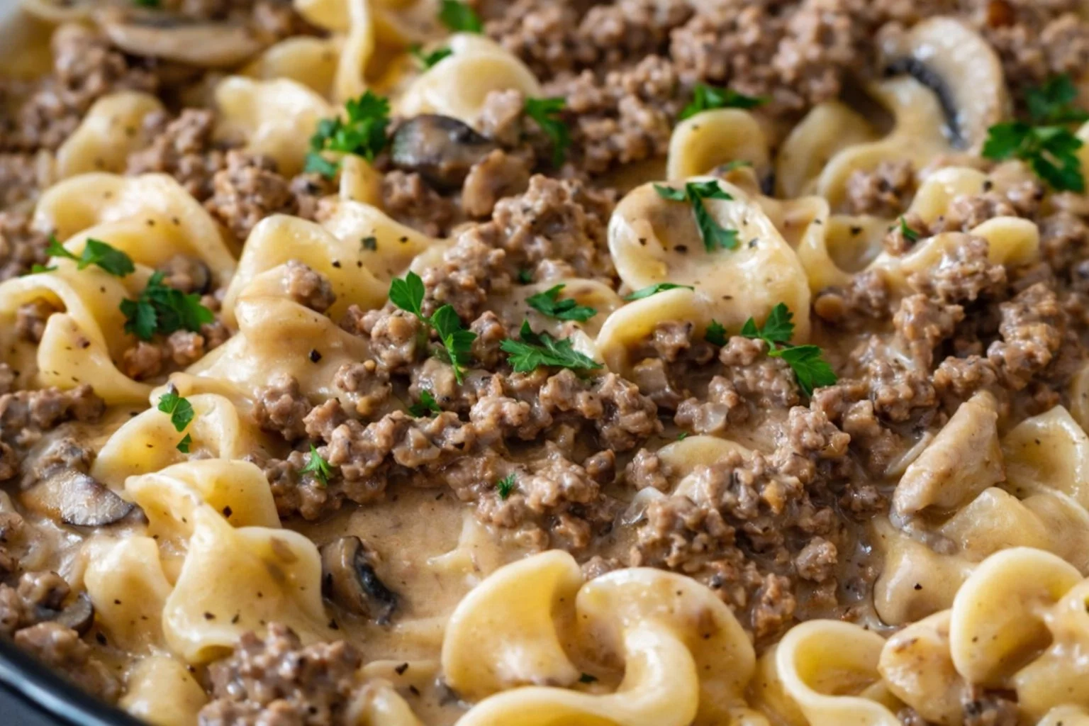 Delicious crock pot beef stroganoff served with egg noodles and garnished with parsley