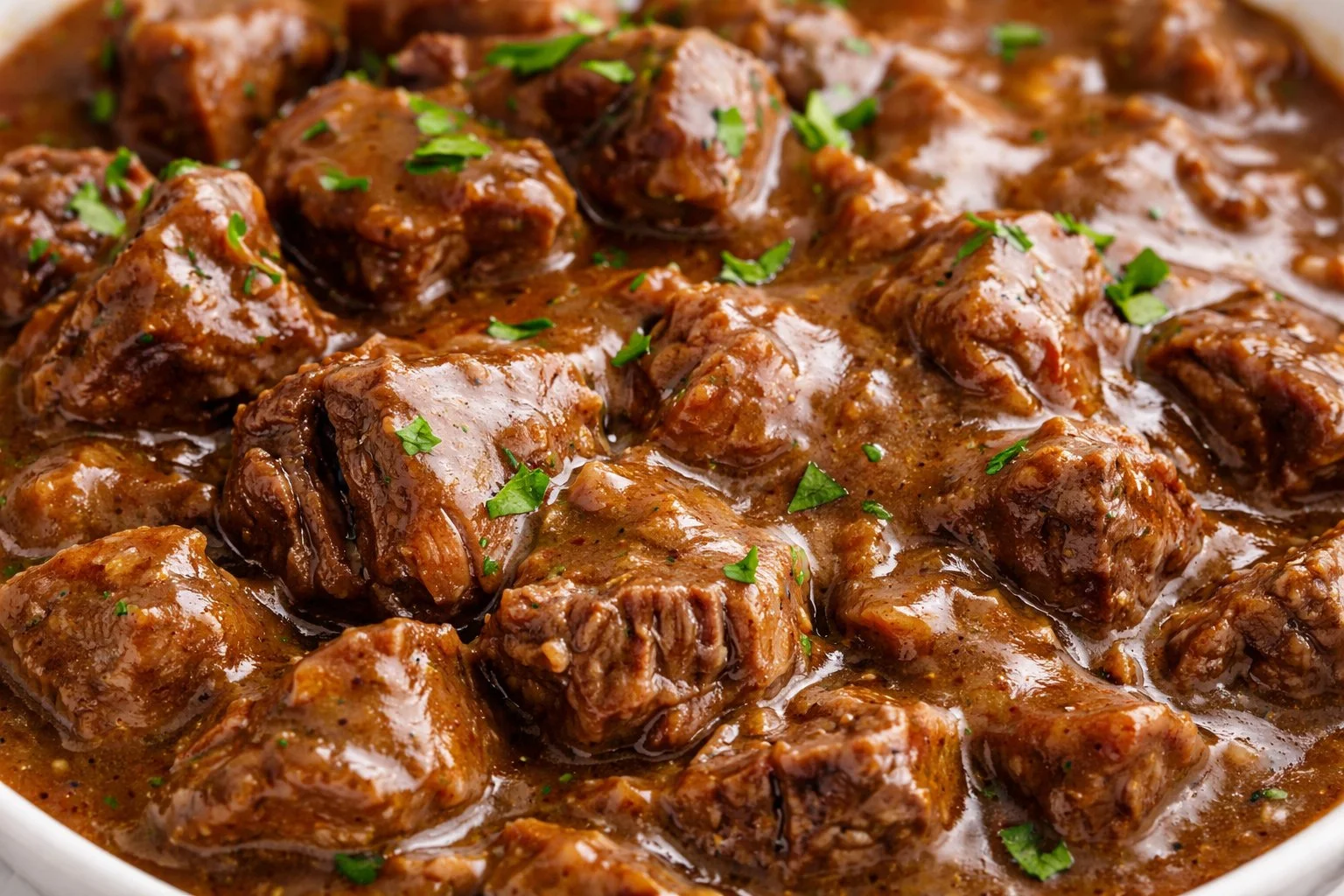 Crock Pot Beef Tips served in a bowl with gravy and vegetables.