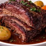 Crock Pot corned beef served with vegetables in a savory broth.