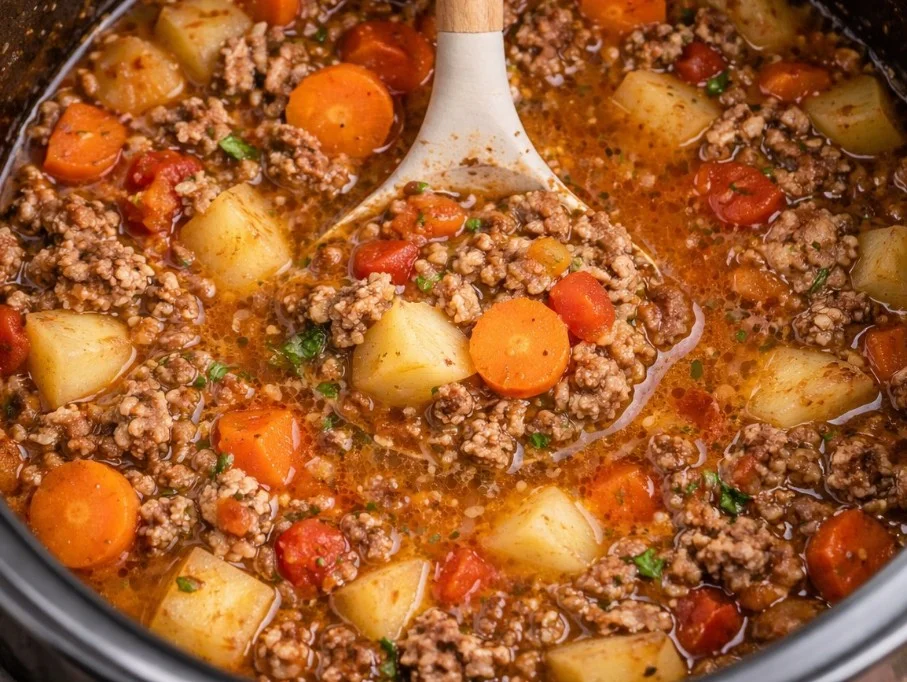 Delicious Crock Pot ground beef recipe with vegetables and spices