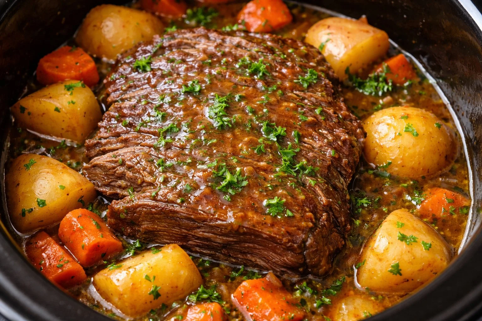 Tender and juicy Crockpot beef roast served with vegetables