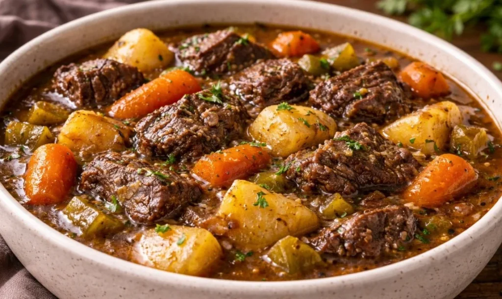 A delicious bowl of crockpot beef stew with vegetables and herbs.