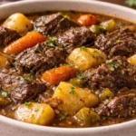 A delicious bowl of crockpot beef stew with vegetables and herbs.