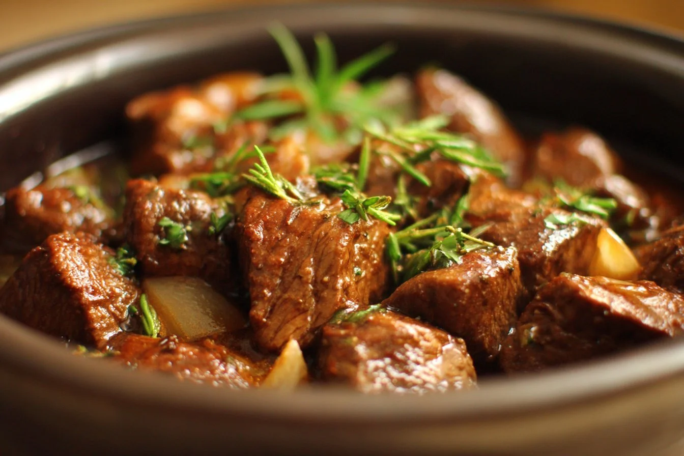 Crockpot beef tips served with vegetables