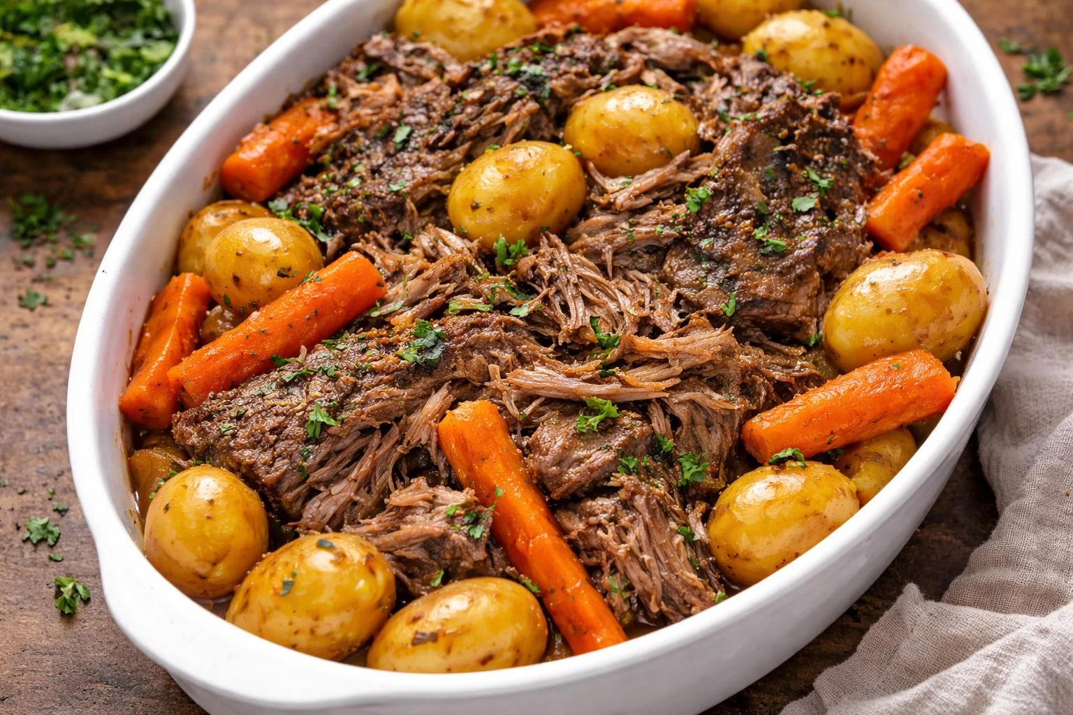 Tender crockpot roast beef with vegetables ready to serve