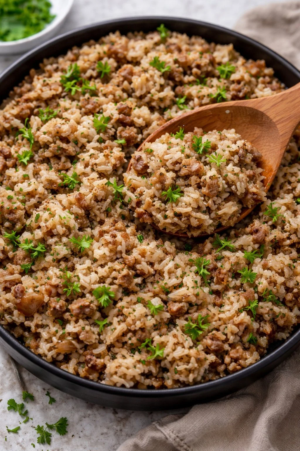 Plate of Dirty Rice with Ground Beef garnished with herbs