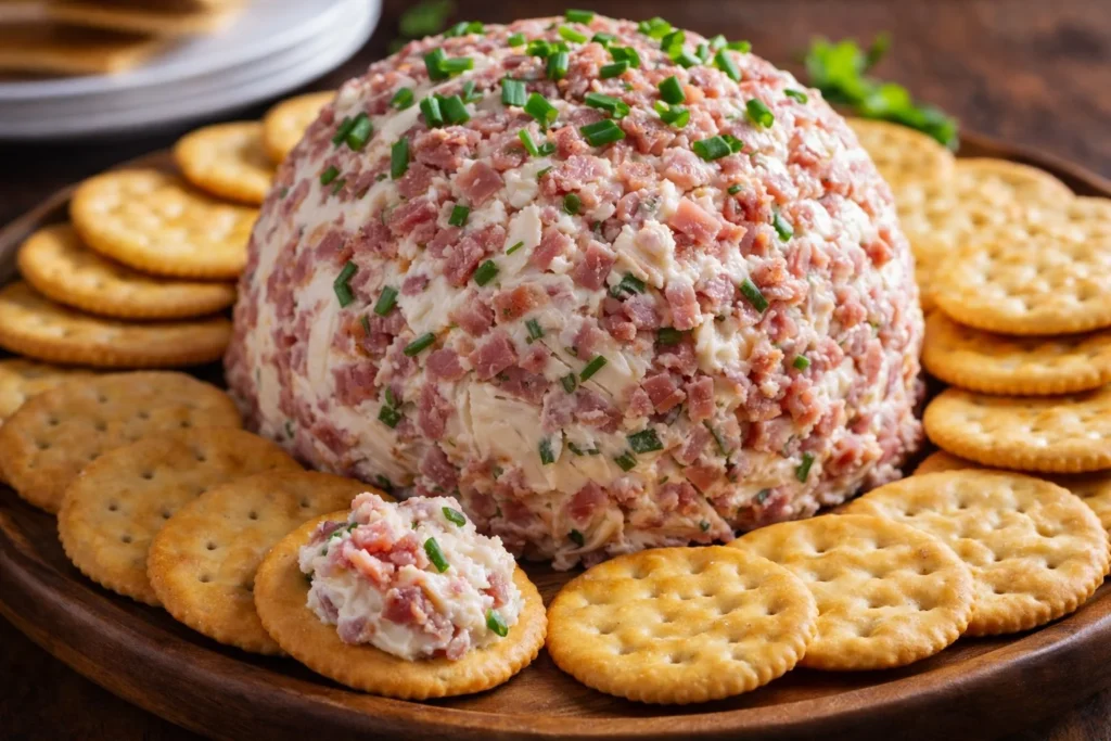 Delicious Dried Beef Cheeseball served as an appetizer on a platter.