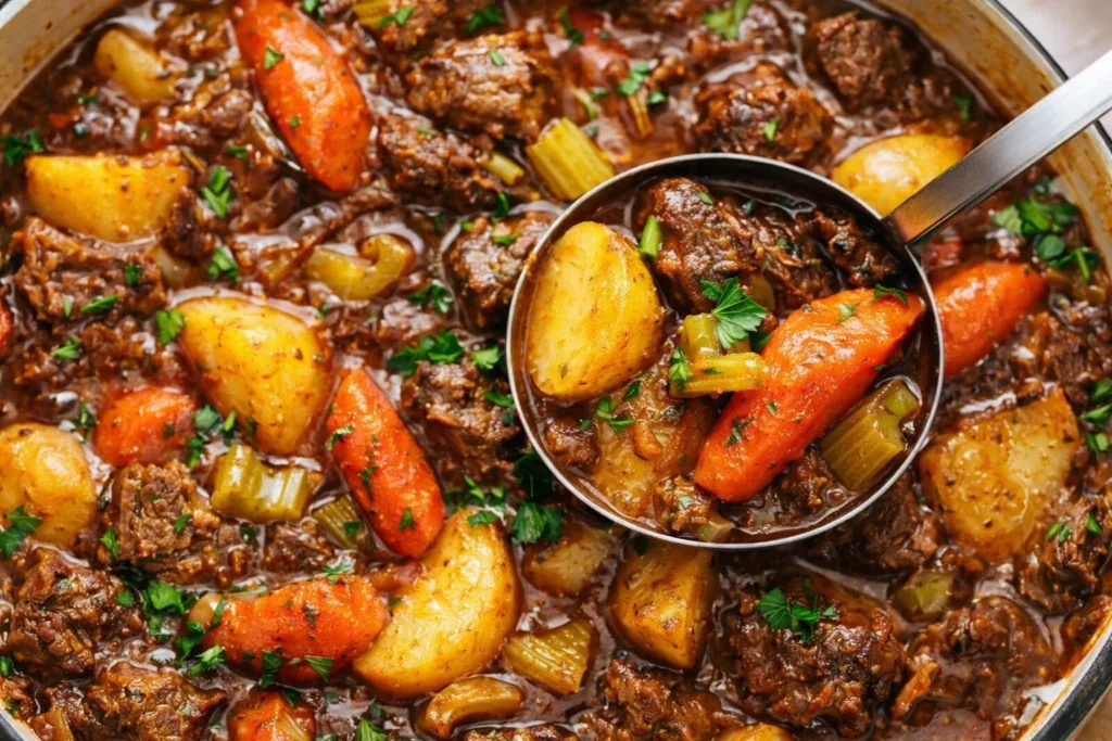 Delicious Dutch Oven Beef Stew with vegetables and herbs in a rustic pot