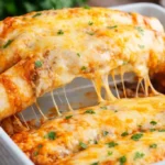 Delicious easy beef enchiladas topped with cheese and sauce ready to serve.