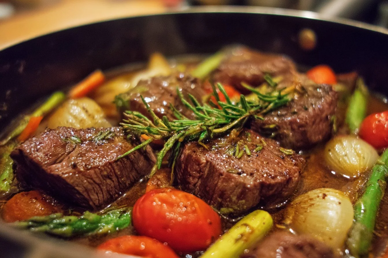 Delicious easy beef recipe served on a plate with vegetables.