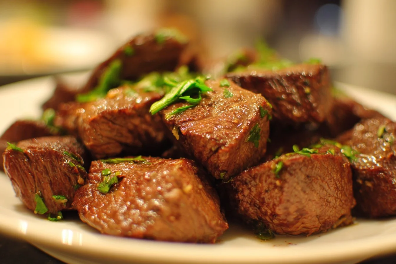 Delicious easy beef recipe served on a plate with vegetables.