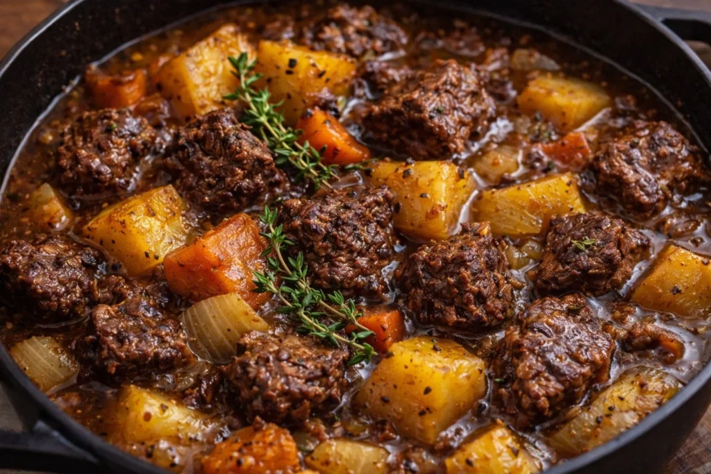 Bowl of easy beef stew with tender chunks of meat and vegetables