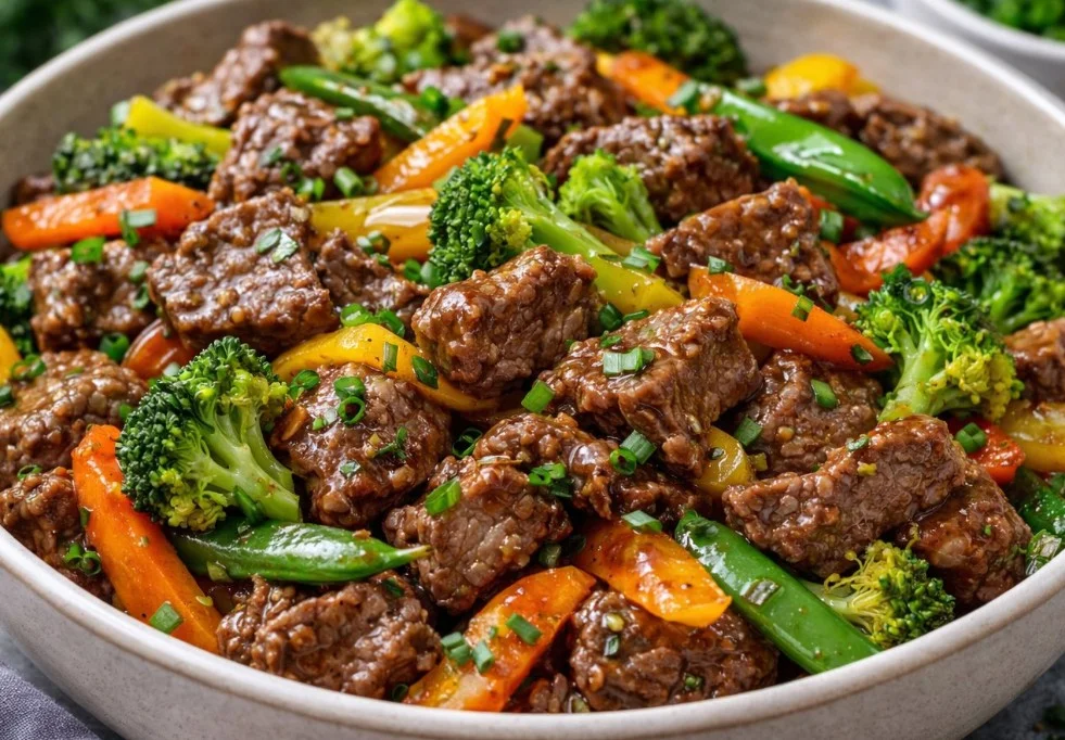 Easy beef stir fry with colorful vegetables and savory sauce