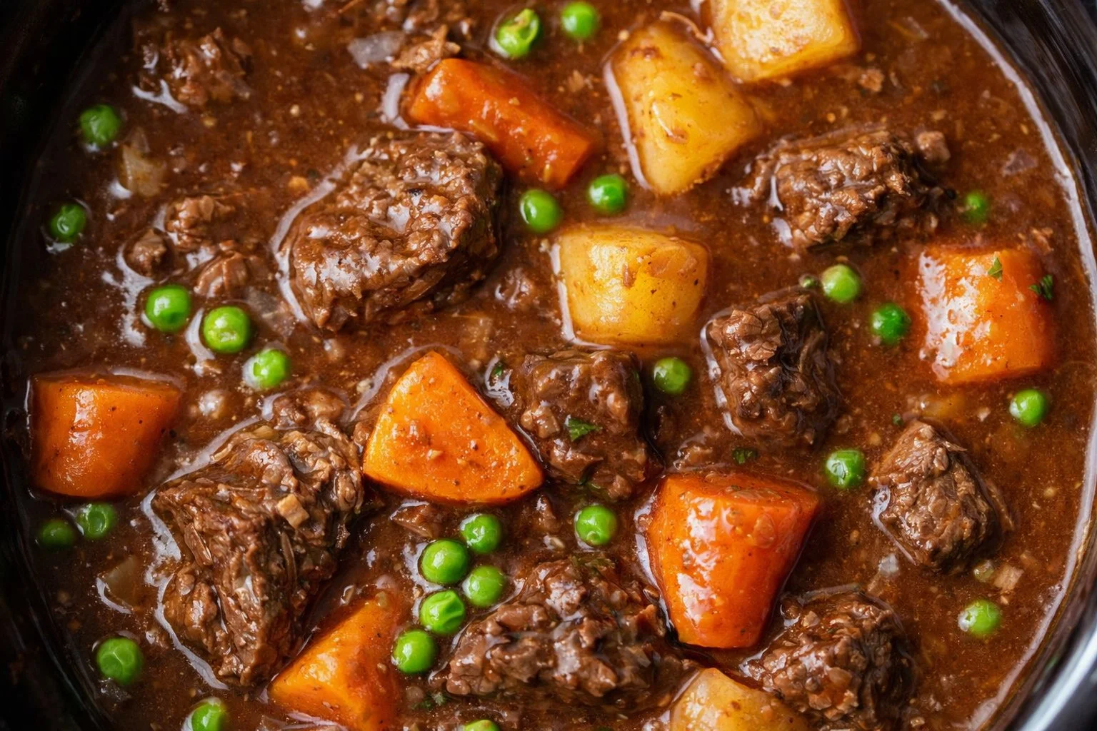 Bowl of easy crock pot beef stew with vegetables and herbs