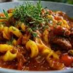 Bowl of easy goulash made with pasta, ground beef, and tomato sauce