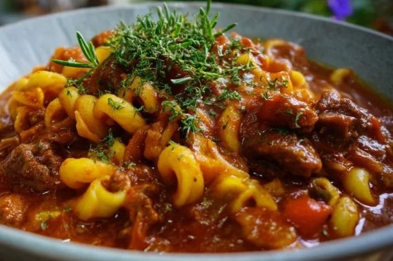 Bowl of easy goulash made with pasta, ground beef, and tomato sauce