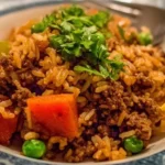 Easy ground beef dinner served with vegetables and pasta on a plate
