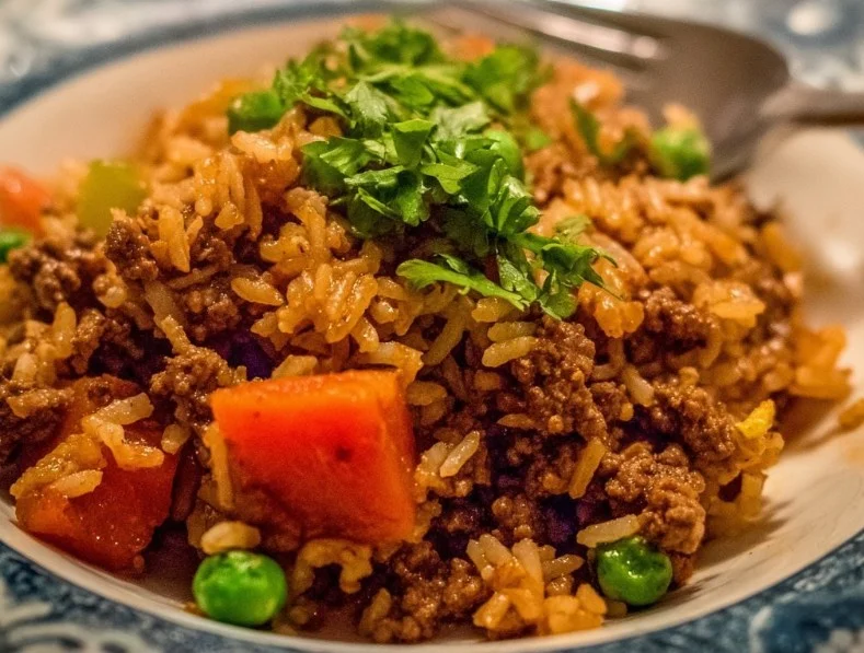 Easy ground beef dinner served with vegetables and pasta on a plate