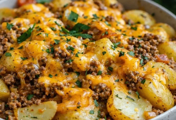 Easy ground beef dinner served on a plate with vegetables and spices