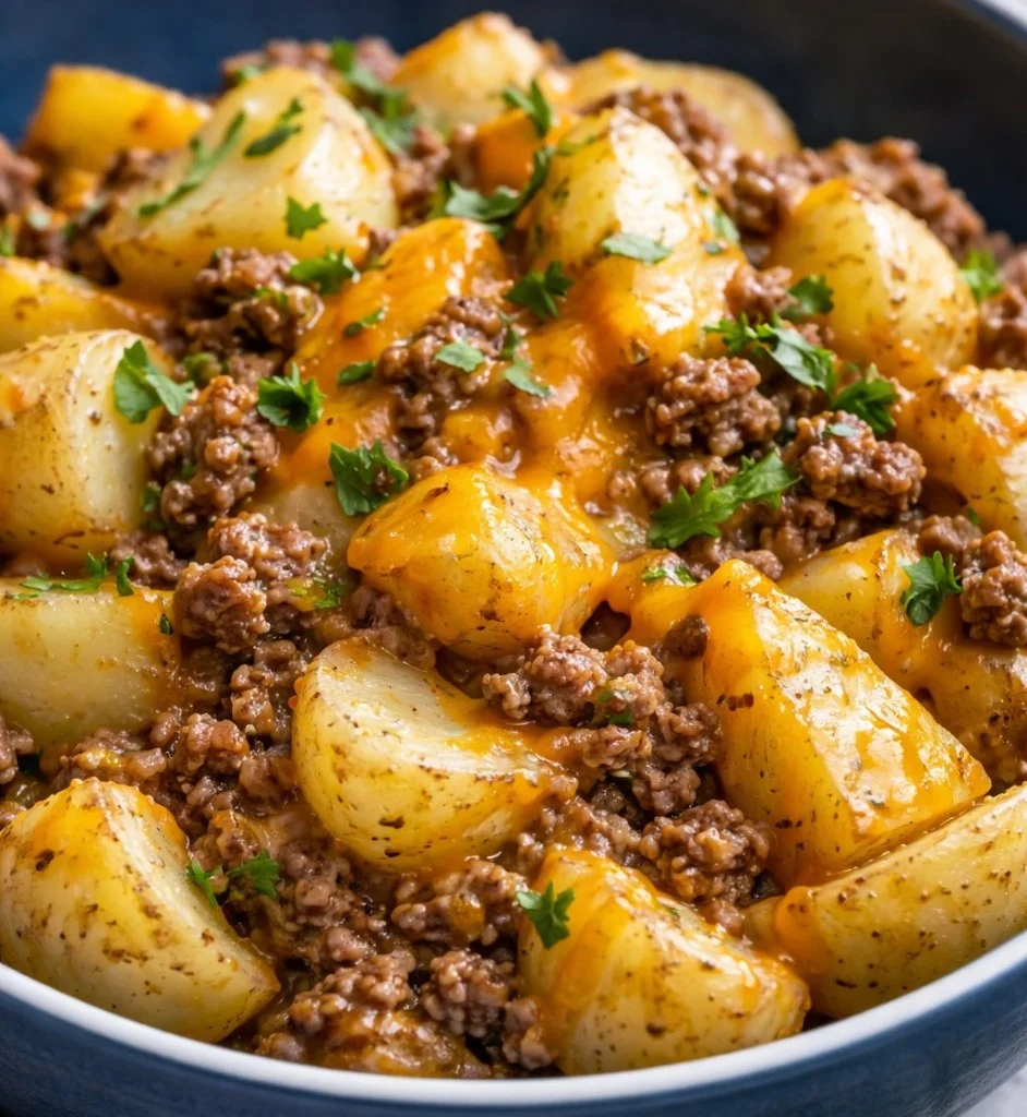 Delicious easy ground beef recipe ready to serve on a dinner plate