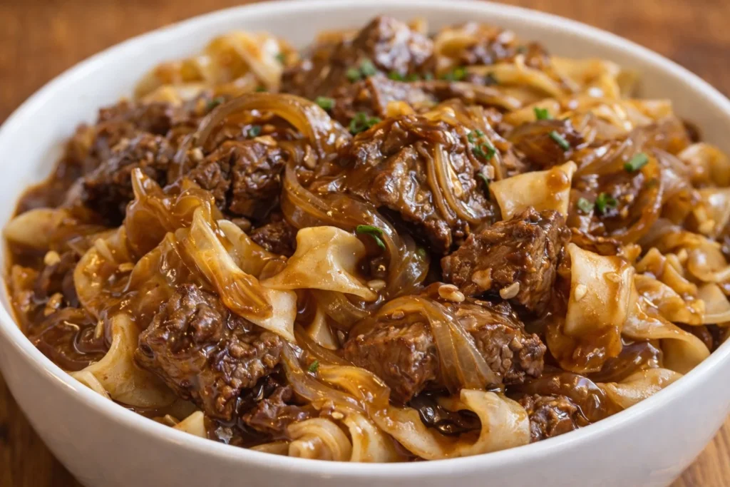 Delicious French onion beef and noodles served in a bowl.