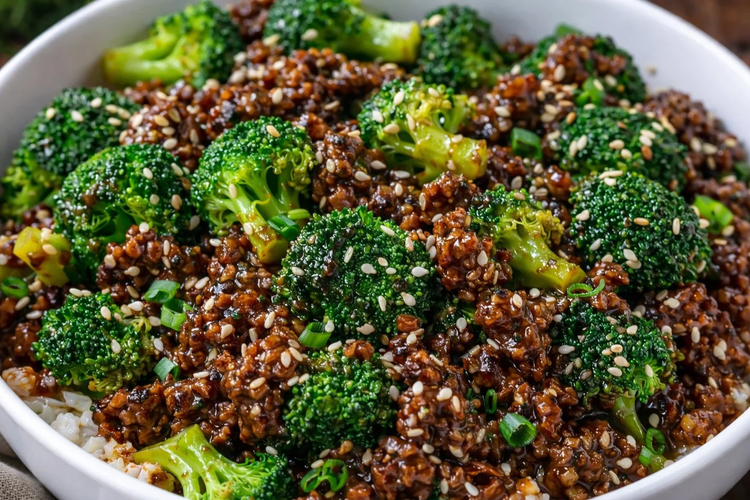 Ground beef and broccoli stir-fry served on a plate with vibrant vegetables.