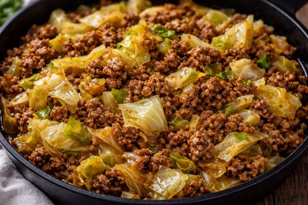 Ground beef stir-fry with cabbage served in a bowl.