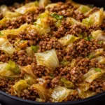 Ground beef stir-fry with cabbage served in a bowl.