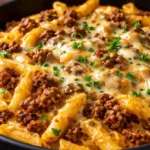 Delicious ground beef pasta dish served in a bowl with herbs and cheese