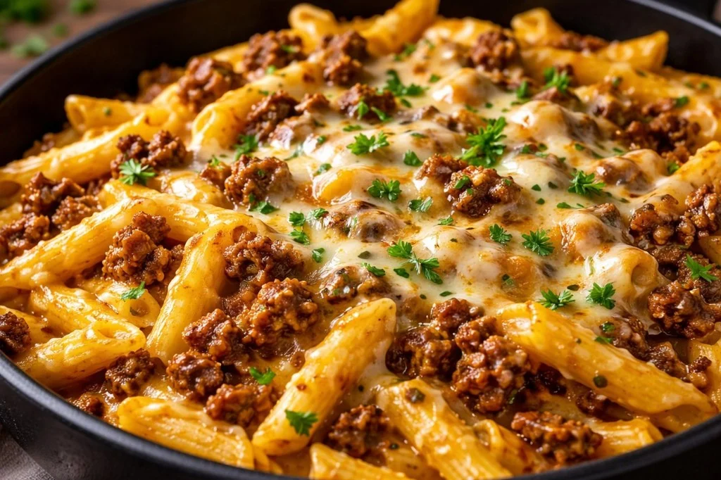 Delicious ground beef pasta dish served in a bowl with herbs and cheese