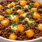 Ground beef and potato casserole dish served hot