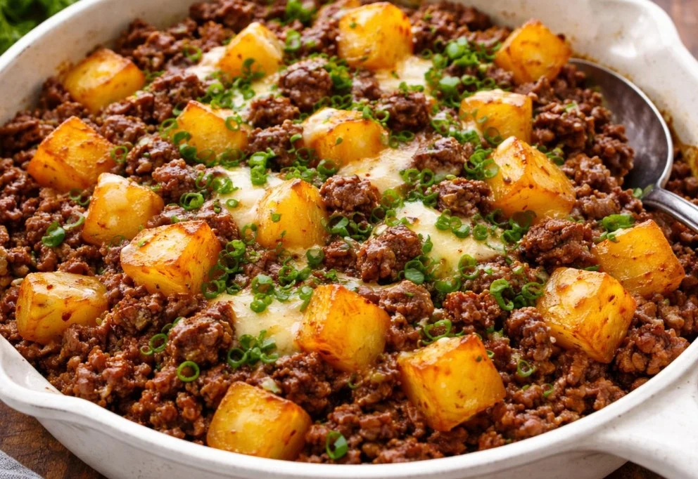 Ground beef and potato casserole dish served hot