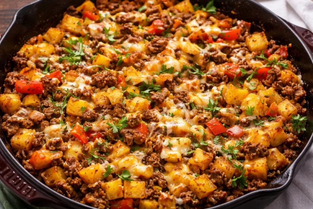A hearty dish of ground beef and potatoes, served in a bowl.
