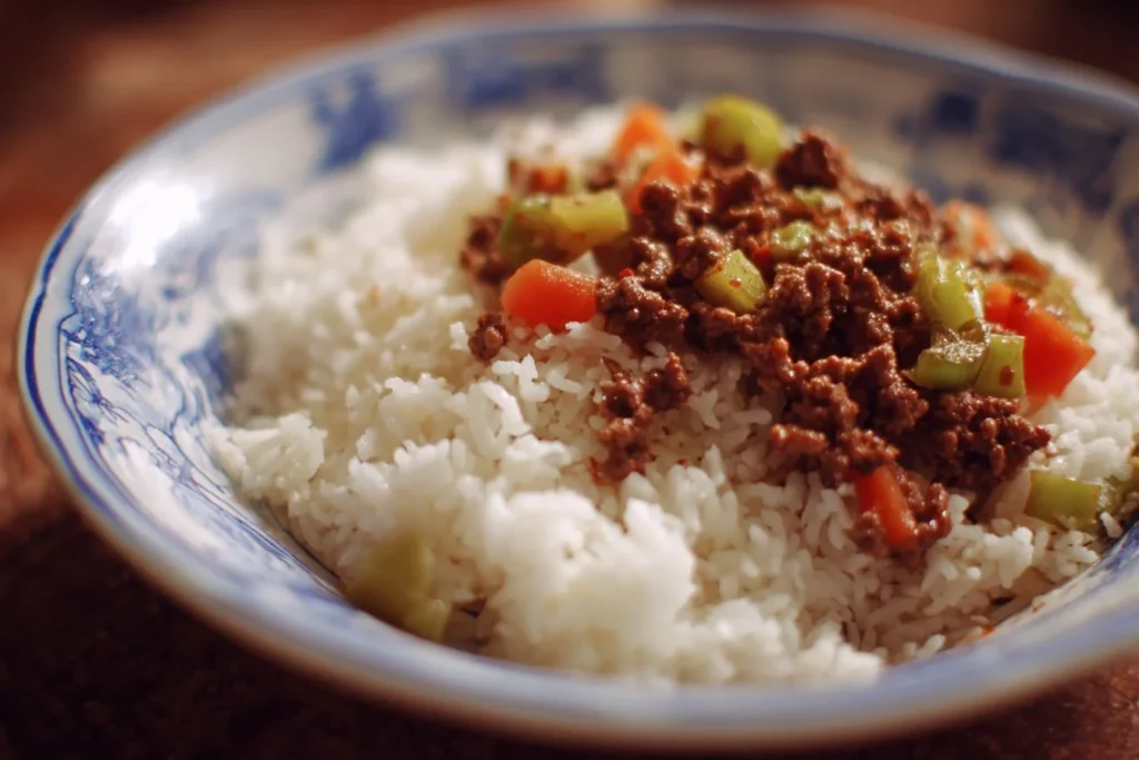 A delicious plate of ground beef and rice with vegetables.