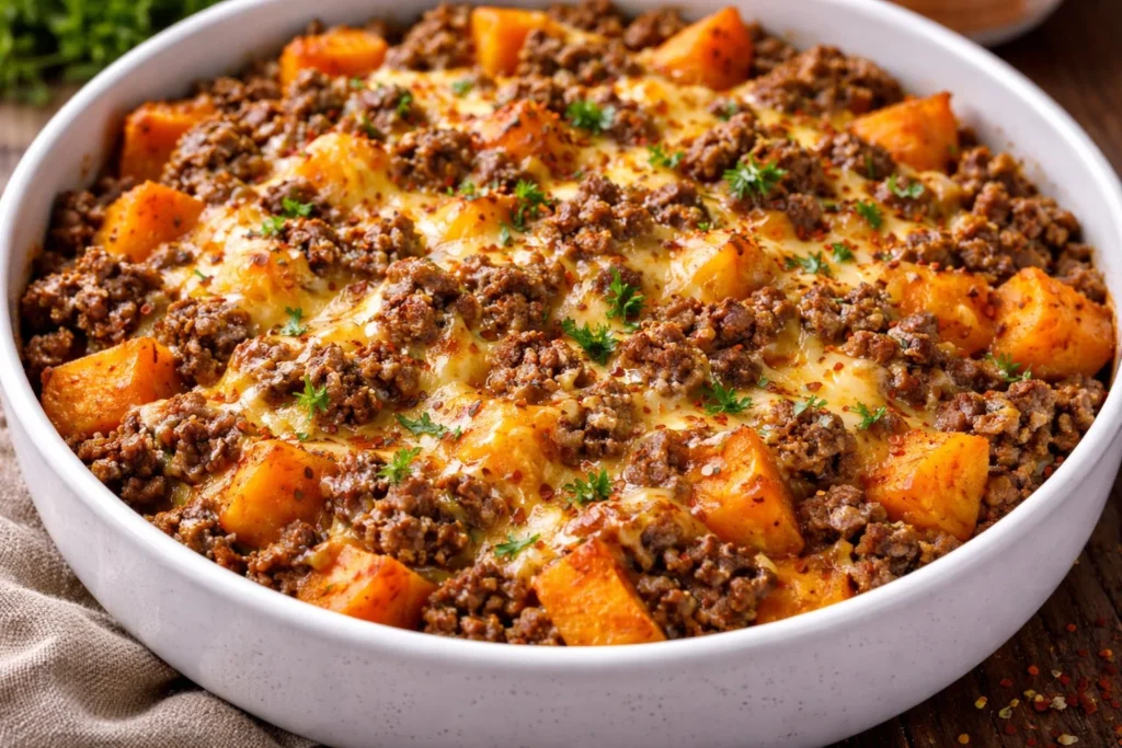 Ground beef and sweet potato skillet recipe, delicious and easy to make.