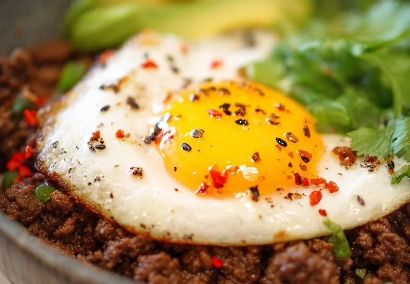 Delicious ground beef bowl topped with fresh vegetables and sauces.