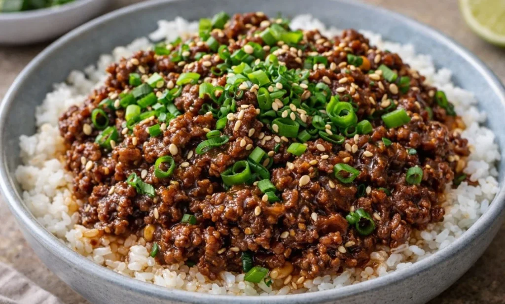 Flavorful ground beef bowl with fresh vegetables and seasonings.