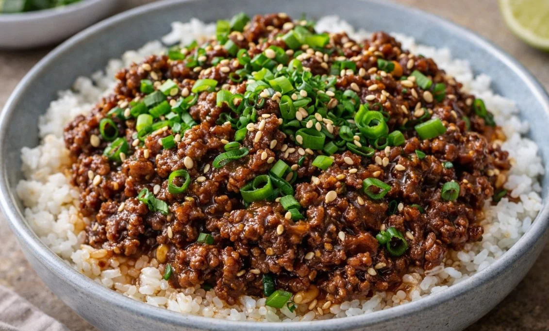 Flavorful ground beef bowl with fresh vegetables and seasonings.