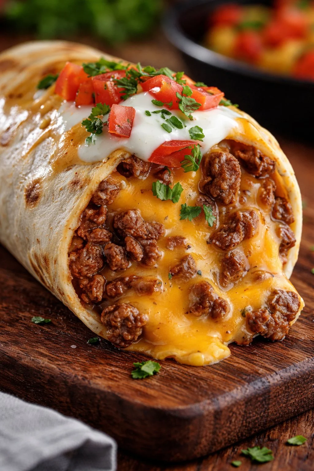 Homemade ground beef burritos wrapped in foil, served with salsa and guacamole